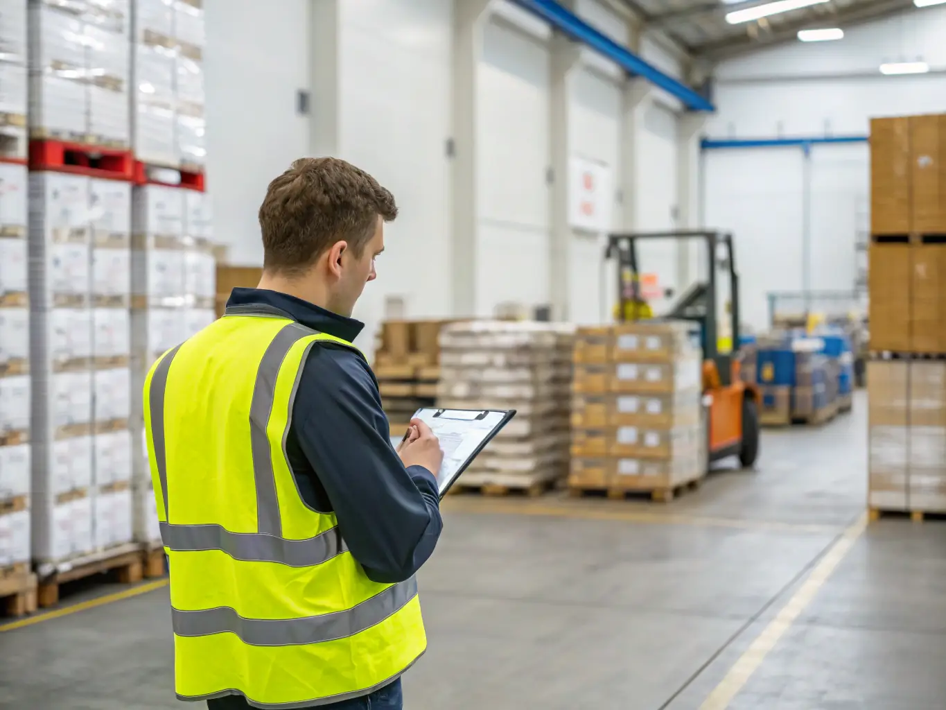 A logistics manager inspecting shipments at a U.S. warehouse, illustrating BlueprintUSA's local sourcing and logistics service.